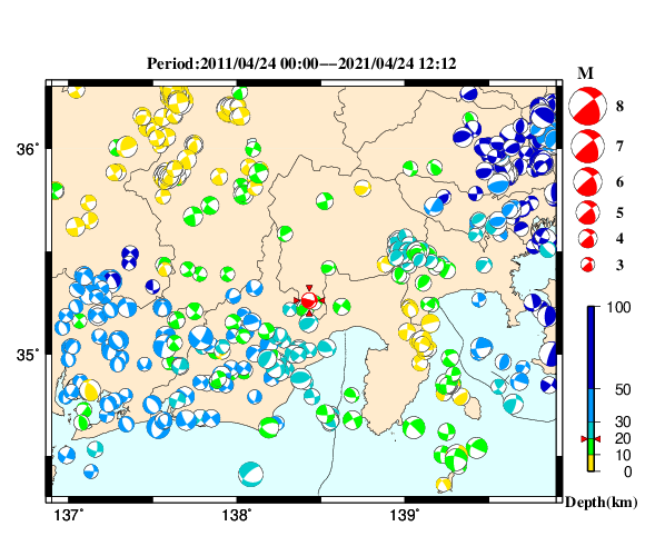 過去に起きた地震の初動発震機構解