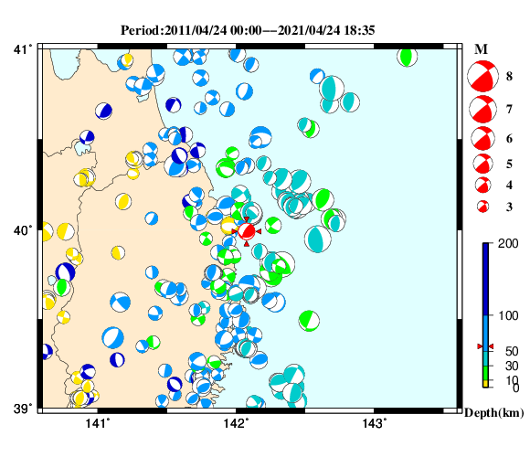 過去に起きた地震の初動発震機構解
