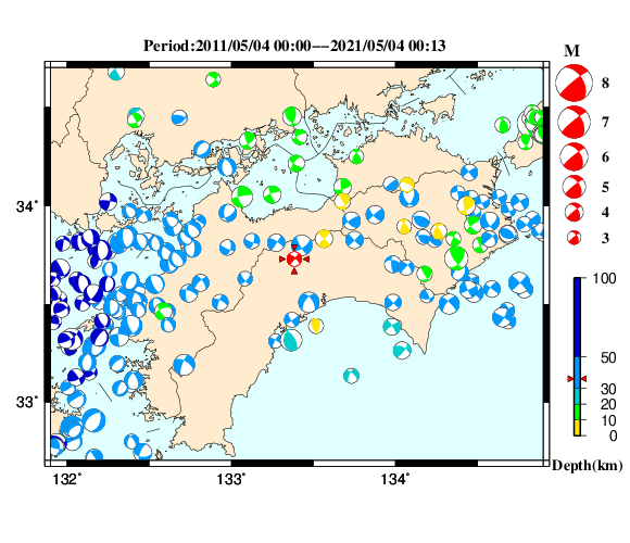 過去に起きた地震の初動発震機構解
