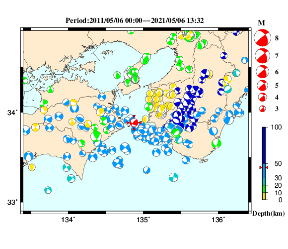 過去に起きた地震の初動発震機構解