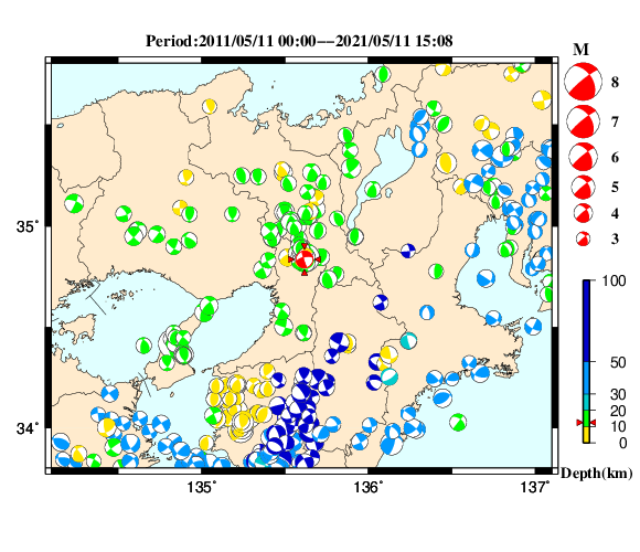 過去に起きた地震の初動発震機構解