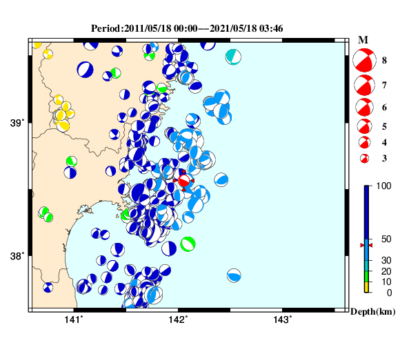 過去に起きた地震の初動発震機構解