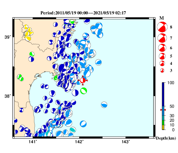 過去に起きた地震の初動発震機構解