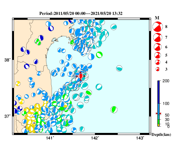 過去に起きた地震の初動発震機構解
