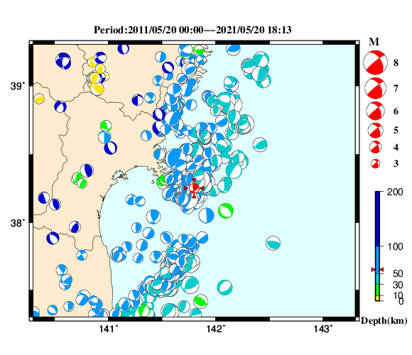 過去に起きた地震の初動発震機構解