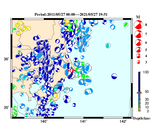 過去に起きた地震の初動発震機構解