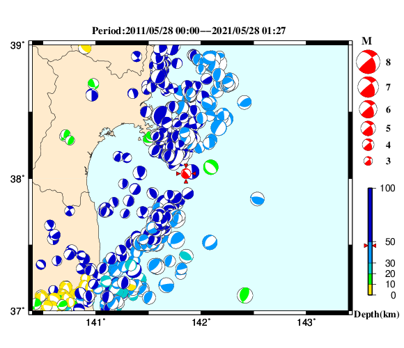 過去に起きた地震の初動発震機構解