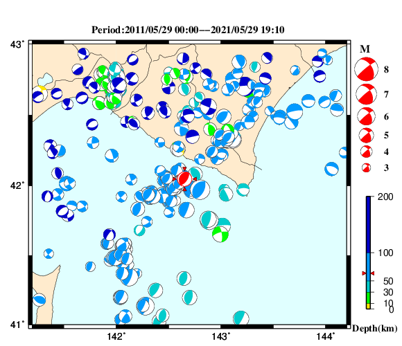 過去に起きた地震の初動発震機構解