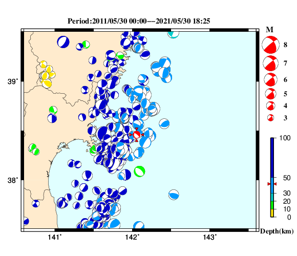 過去に起きた地震の初動発震機構解