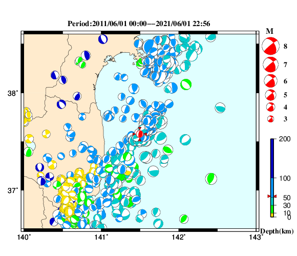 過去に起きた地震の初動発震機構解