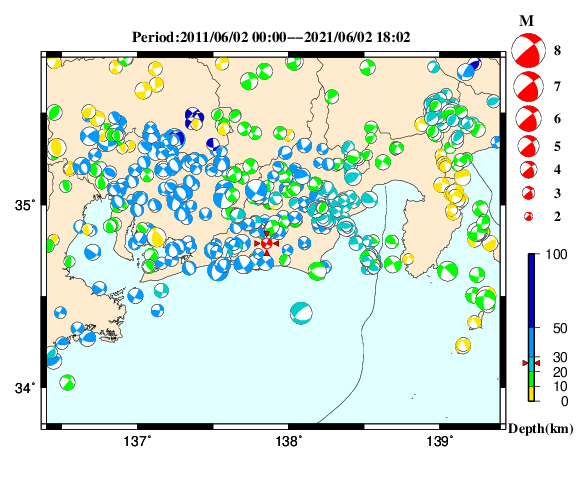 過去に起きた地震の初動発震機構解