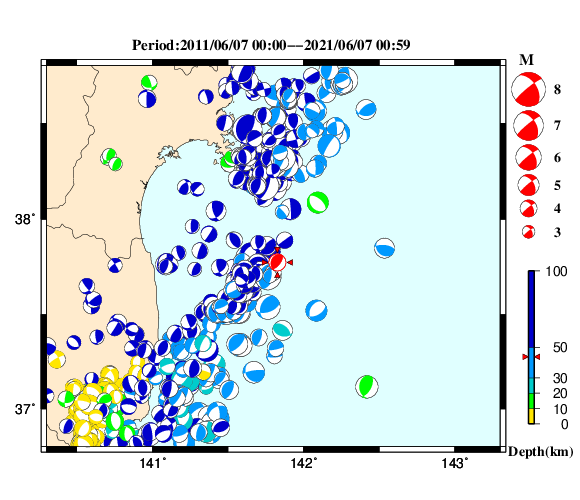 過去に起きた地震の初動発震機構解