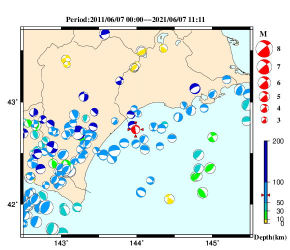 過去に起きた地震の初動発震機構解