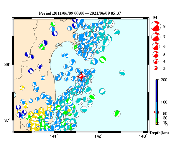 過去に起きた地震の初動発震機構解