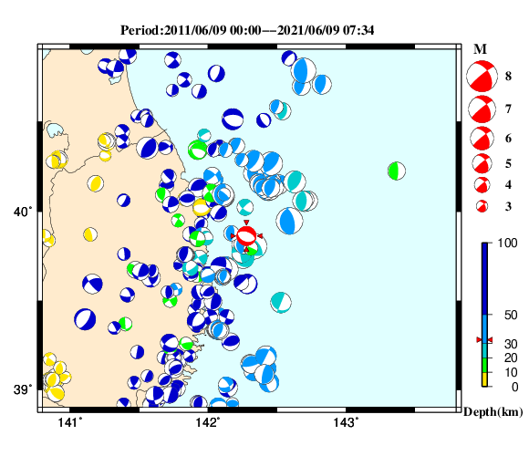 過去に起きた地震の初動発震機構解