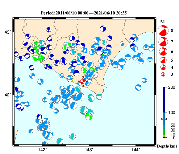 過去に起きた地震の初動発震機構解