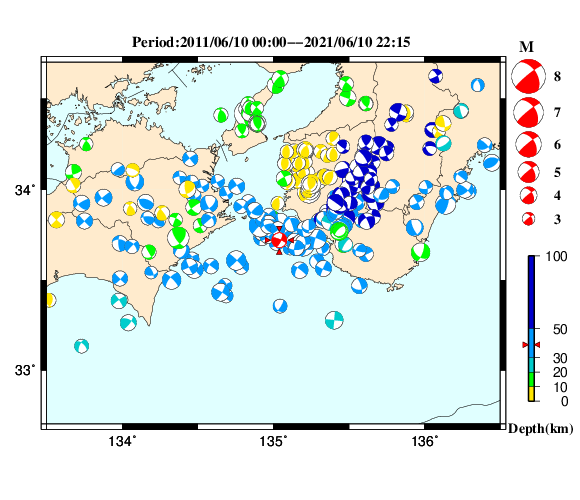 過去に起きた地震の初動発震機構解