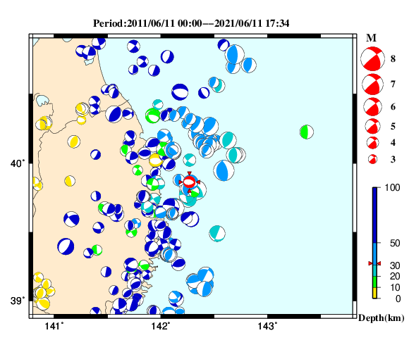 過去に起きた地震の初動発震機構解