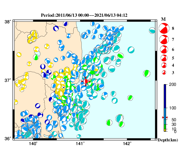 過去に起きた地震の初動発震機構解