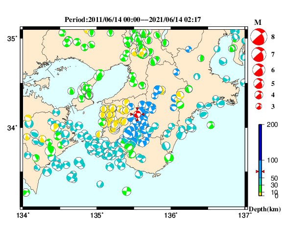 過去に起きた地震の初動発震機構解