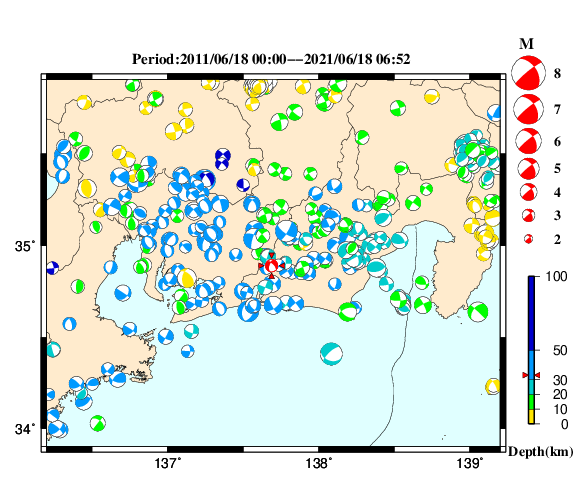 過去に起きた地震の初動発震機構解