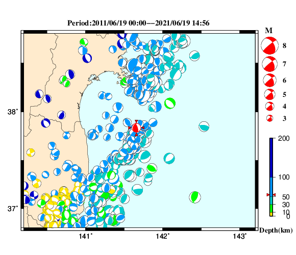 過去に起きた地震の初動発震機構解