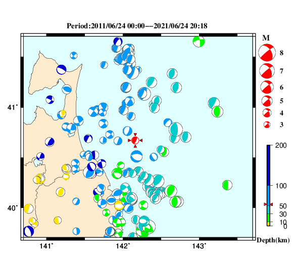 過去に起きた地震の初動発震機構解
