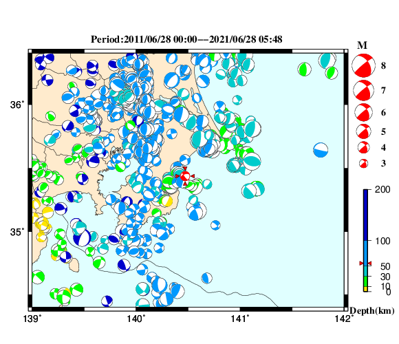 過去に起きた地震の初動発震機構解
