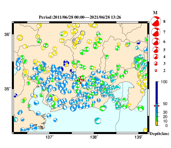 過去に起きた地震の初動発震機構解