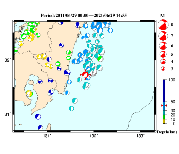 過去に起きた地震の初動発震機構解