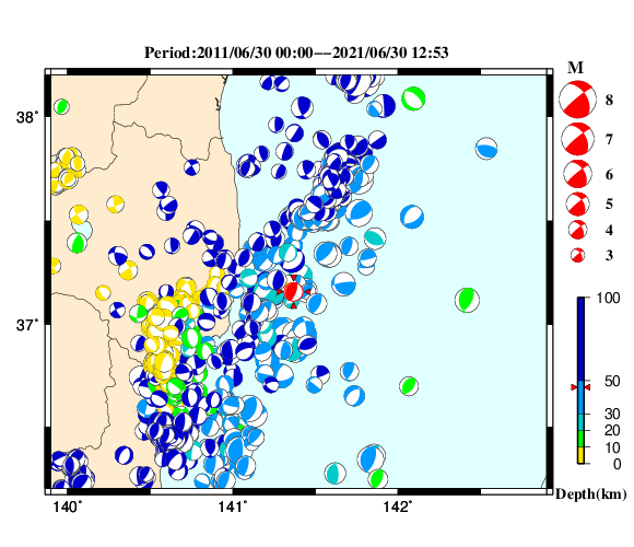 過去に起きた地震の初動発震機構解
