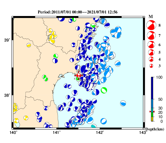 過去に起きた地震の初動発震機構解