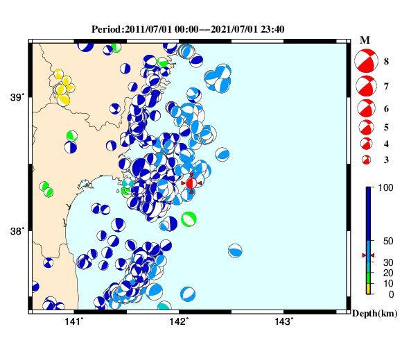 過去に起きた地震の初動発震機構解