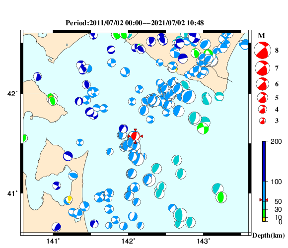 過去に起きた地震の初動発震機構解