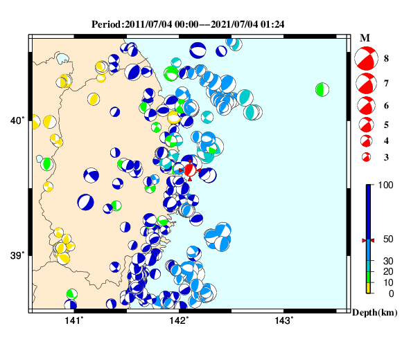 過去に起きた地震の初動発震機構解
