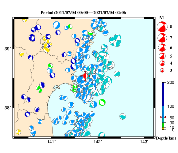 過去に起きた地震の初動発震機構解