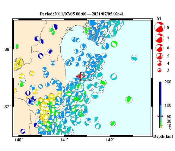 過去に起きた地震の初動発震機構解