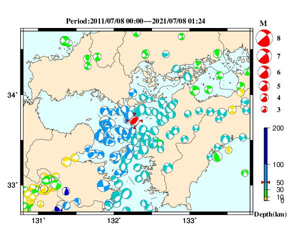過去に起きた地震の初動発震機構解