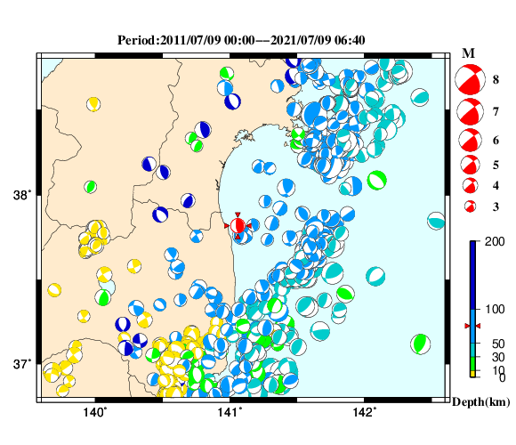 過去に起きた地震の初動発震機構解