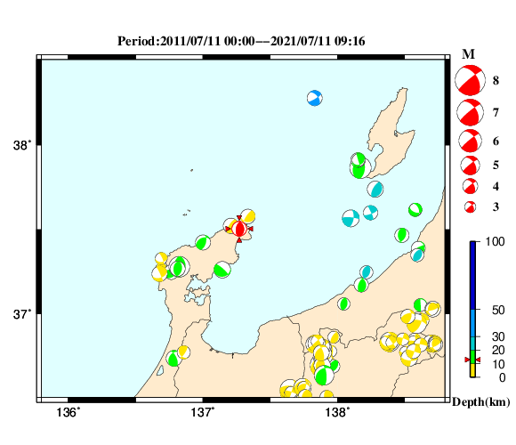過去に起きた地震の初動発震機構解