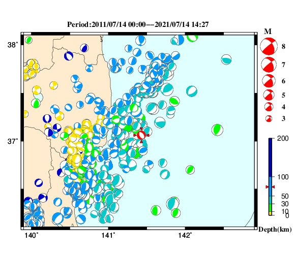 過去に起きた地震の初動発震機構解