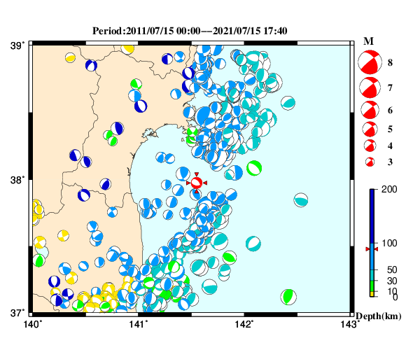 過去に起きた地震の初動発震機構解