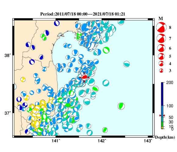 過去に起きた地震の初動発震機構解