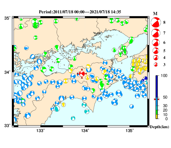 過去に起きた地震の初動発震機構解