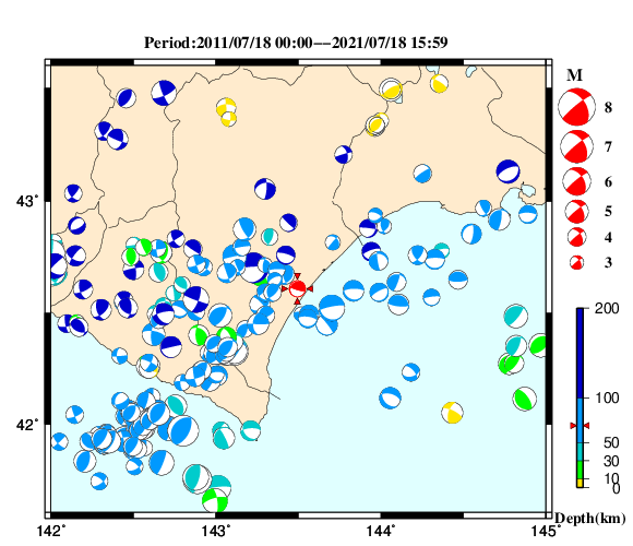 過去に起きた地震の初動発震機構解
