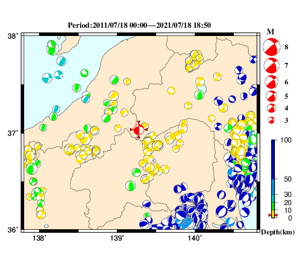 過去に起きた地震の初動発震機構解