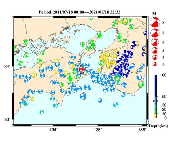 過去に起きた地震の初動発震機構解