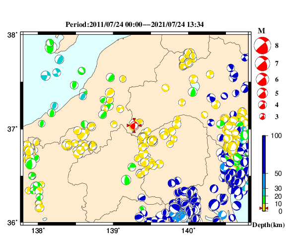 過去に起きた地震の初動発震機構解