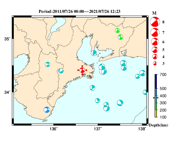 過去に起きた地震の初動発震機構解