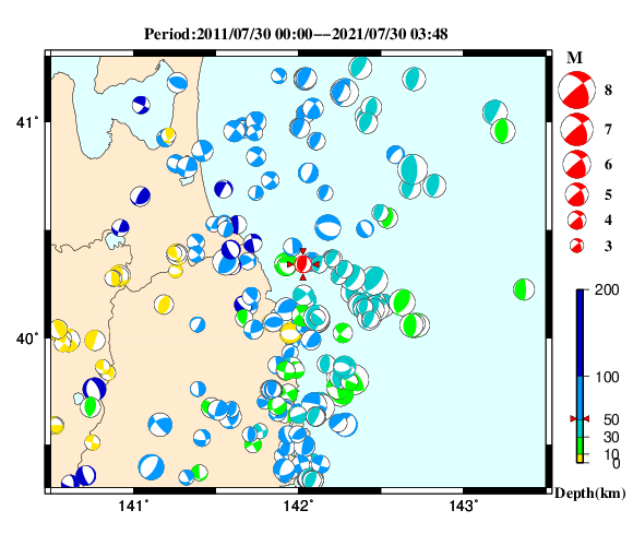 過去に起きた地震の初動発震機構解